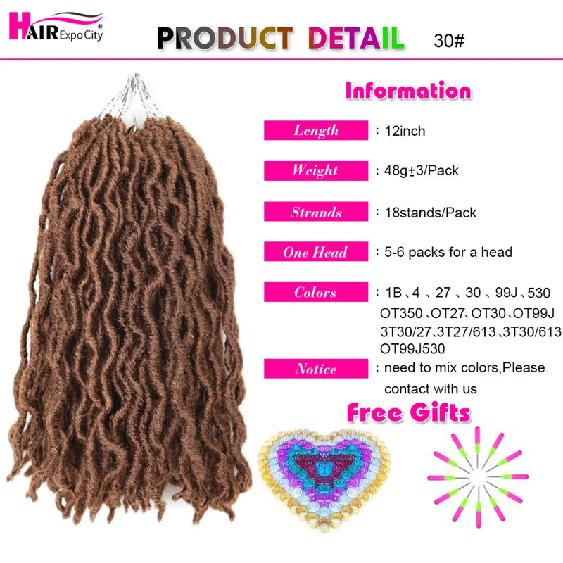 12Inch Goddess Faux Locs Crochet Hair Synthetic Wave Hair Ombre Braiding Hair Extensions Handmade 18Strands Hair Expo City
