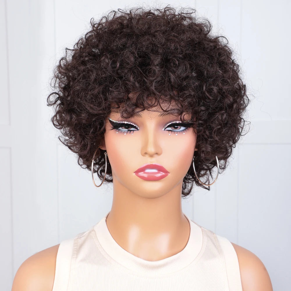 Lekker Natural Brown Afro Kinky Curly Bob Human Hair Wigs For Women Brazilian Remy Hair Wear and Go 250 Density Big Curly Wigs