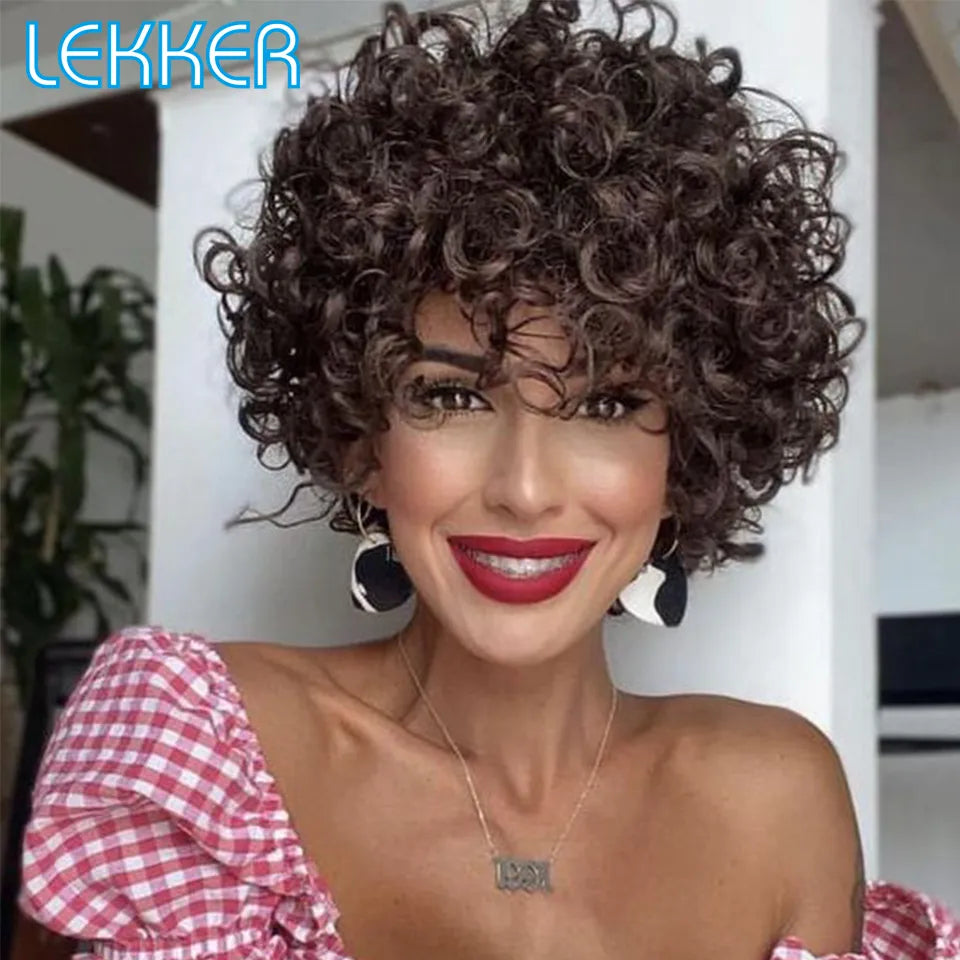 Lekker Natural Brown Afro Kinky Curly Bob Human Hair Wigs For Women Brazilian Remy Hair Wear and Go 250 Density Big Curly Wigs