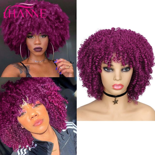 Afro Kinky Curly Synthetic Wig Purple Wig Curly Perruque Bob Synthétique Short Wigs For Black Women 3/4 Half Wig Heat Resistance