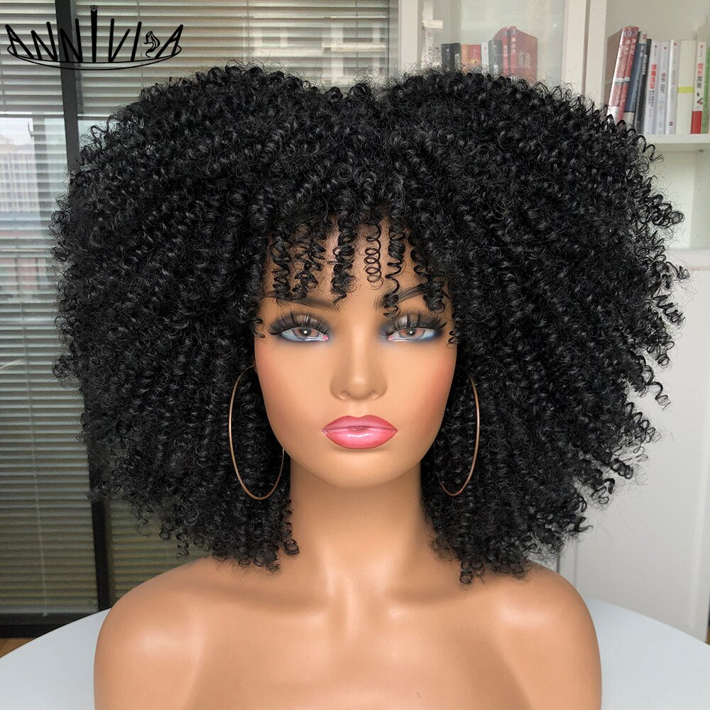 Short Hair Afro Kinky Curly Wigs With Bangs For Black Women African Synthetic Ombre Glueless Cosplay Wigs High Temperature 14"