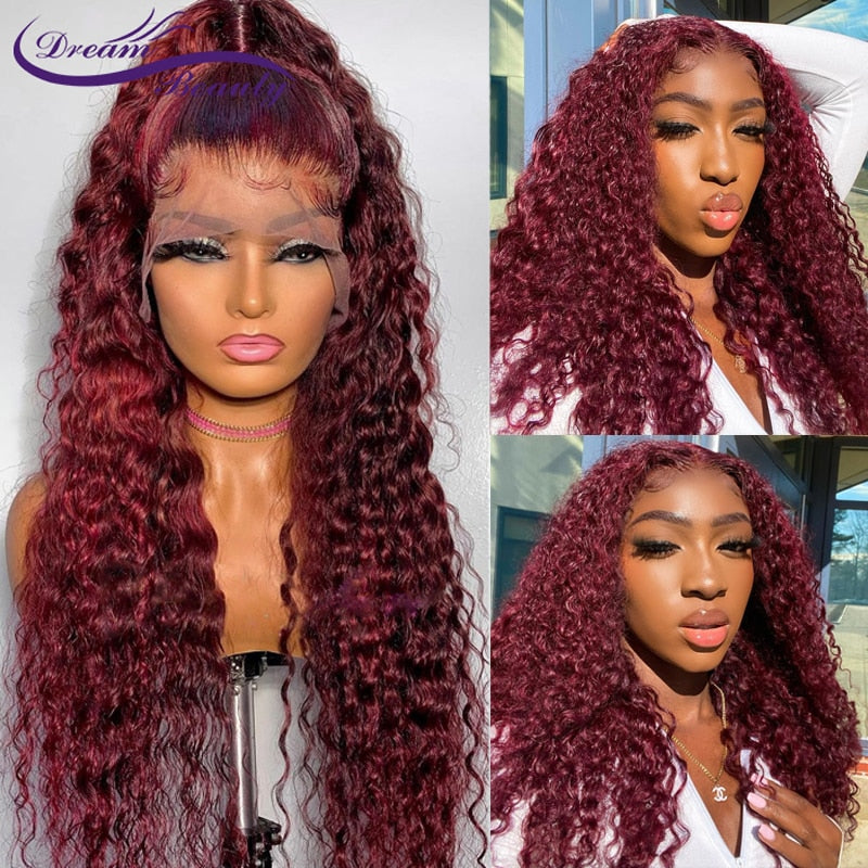 Burgundy Brazilian Curly Remy Human Hair 4x4/13x4 Pre plucked Lace Wig
