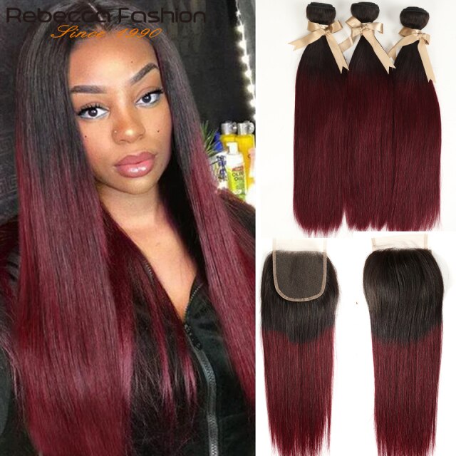 Ombre Brazilian Straight Human Hair Bundles With Lace Closure